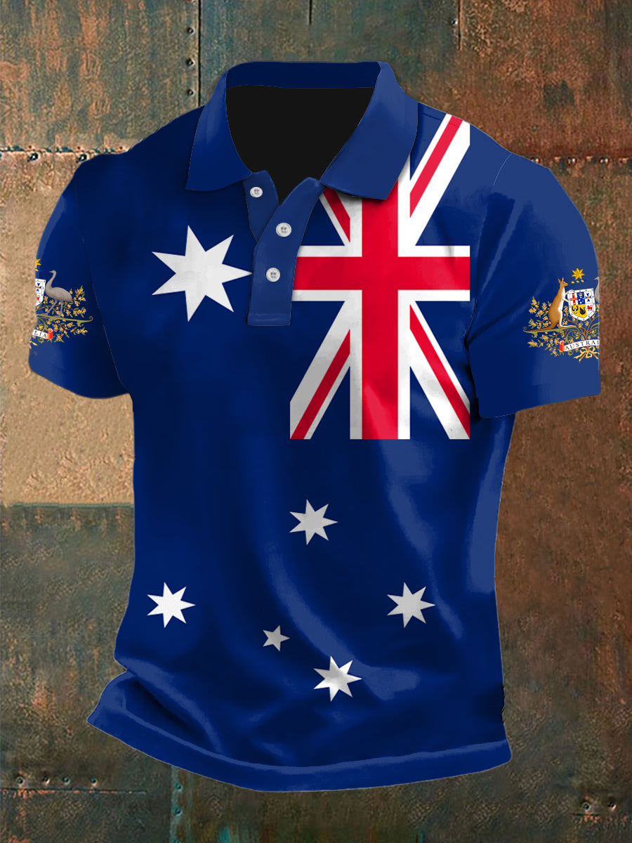 Vintage Australian Flag Crest Printed Casual Cotton Short Sleeve Polo Shirt