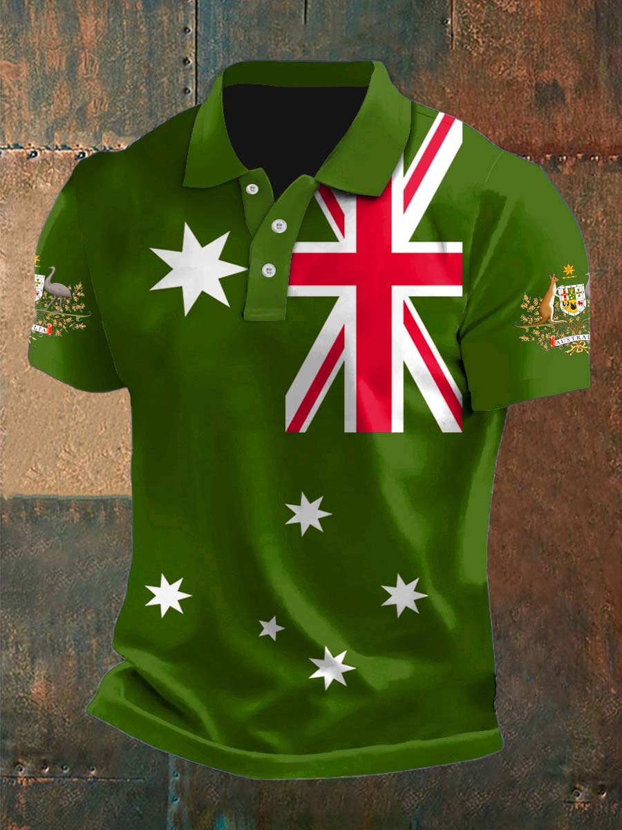 Vintage Australian Flag Crest Printed Casual Cotton Short Sleeve Polo Shirt