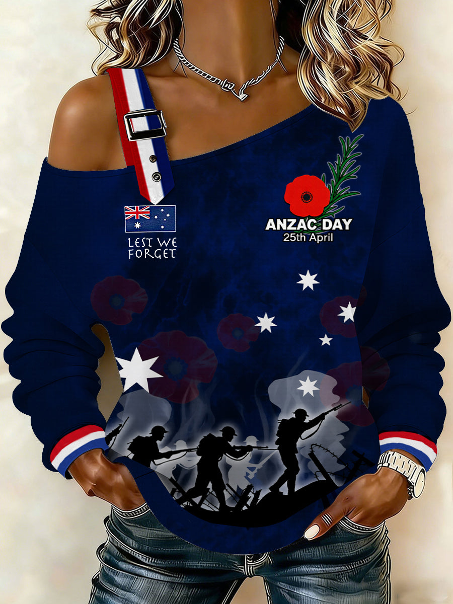Women's Australia Anzac Day Lest We Forget Print Casual Off-Shoulder Sweatshirt