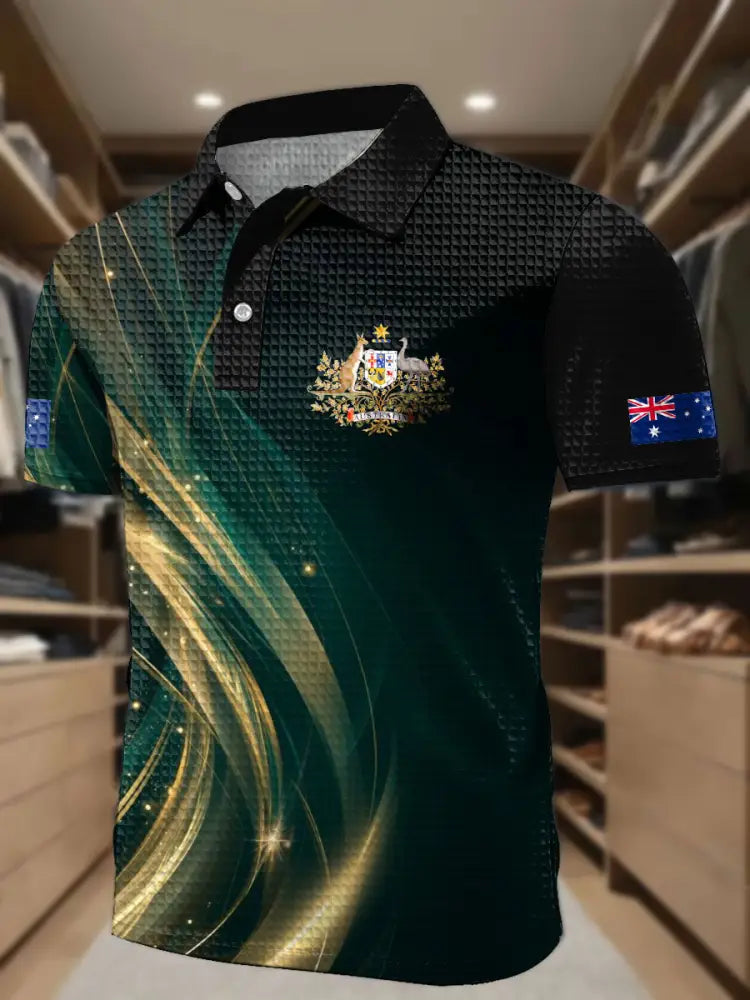 Men’s AU Flag Business Style Printed Casual Tops Green / S