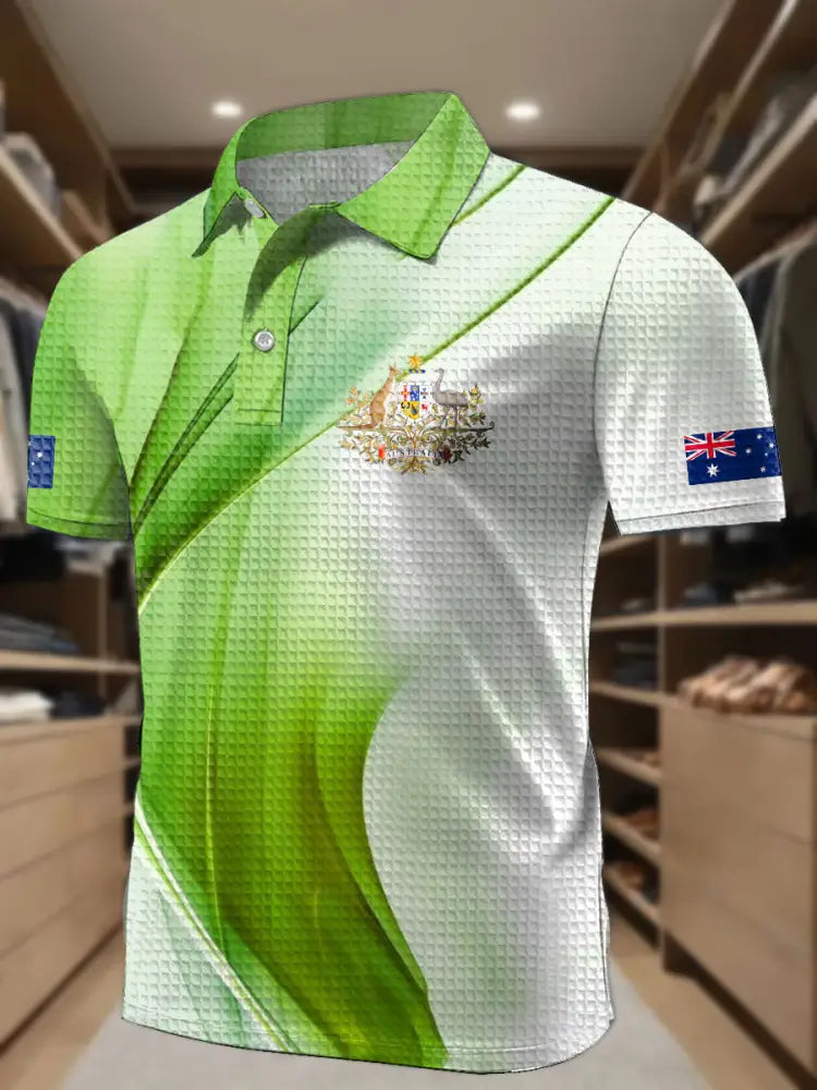 Men’s AU Flag Printed Waffle Casual Tops Green / S