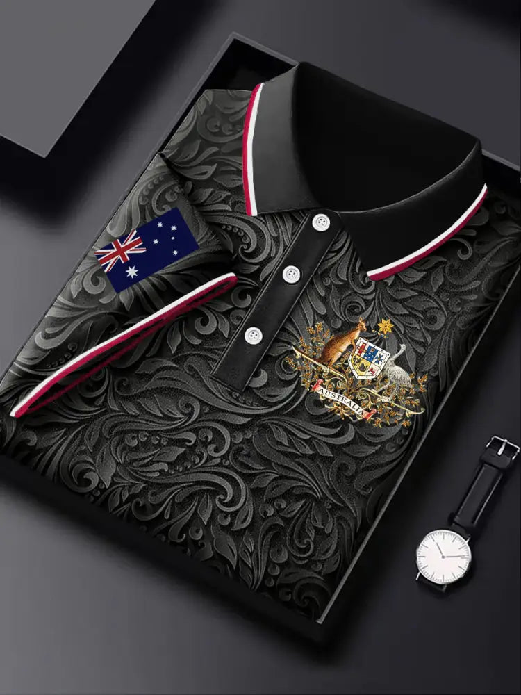 Men’s Australia Flag Kangaroo Emblem Floral Print Casual Business Short Sleeve Polo Shirt Colorful / S