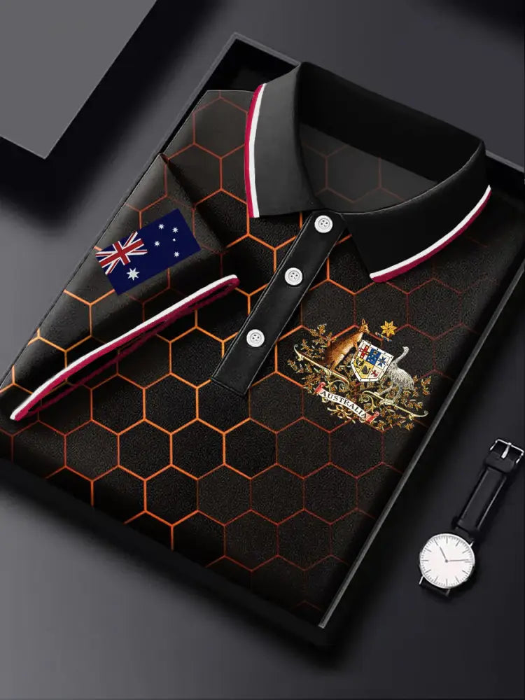 Men’s Australia Flag Kangaroo Emblem Gradient Geometric Print Casual Business Polo Shirt Colorful / S