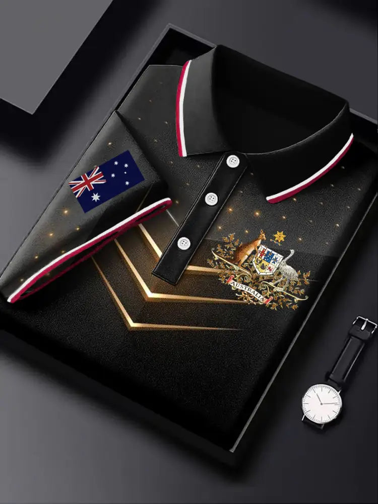 Men’s Australia Flag Kangaroo Emblem Printed Casual Business Short Sleeve Polo Shirt Colorful / S