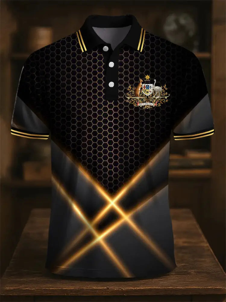 Men’s Australia Flag Kangaroo Emblem Spliced Printed Casual Business Polo Shirt Colorful / S