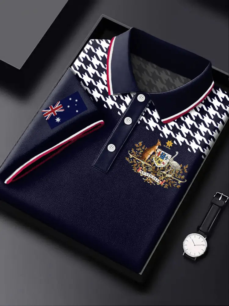 Men’s Australia Flag Kangaroo Plaid Printed Casual Business Short Sleeve Polo Shirt Colorful / S