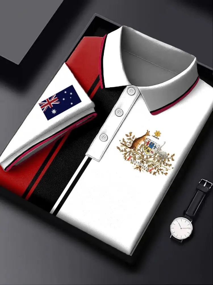 Men’s Australia Flag Kangaroo Stripe Patchwork Printed Casual Business Short Sleeve Polo Shirt Colorful / S