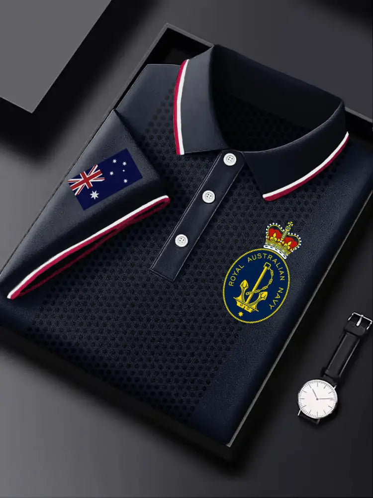 Men’s Australia Flag Navy Emblem Textured Printed Casual Business Short Sleeve Polo Shirt Colorful / S