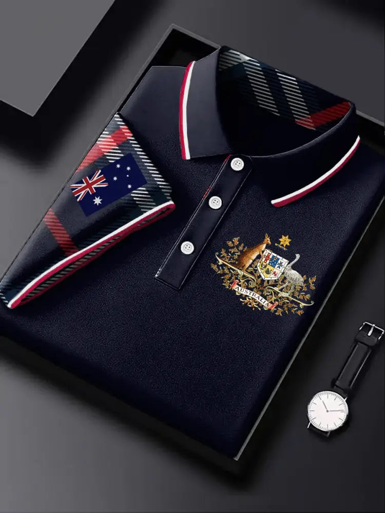 Men’s Australia Kangaroo Emblem Check Printed Casual Business Short Sleeve Polo Shirt Colorful / S