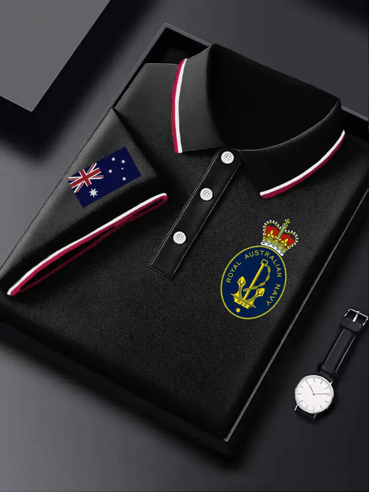 Mens Australian Flag Emblem Printed Casual Business Polo Shirt Black / S