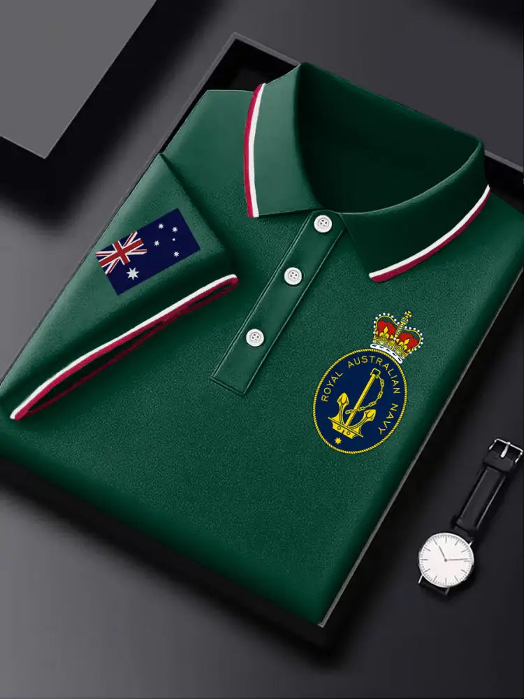 Mens Australian Flag Emblem Printed Casual Business Polo Shirt Green / S