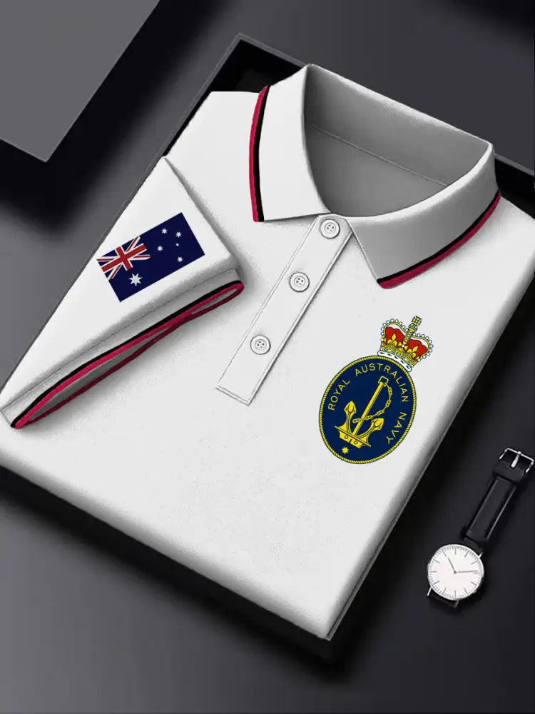 Mens Australian Flag Emblem Printed Casual Business Polo Shirt White / S
