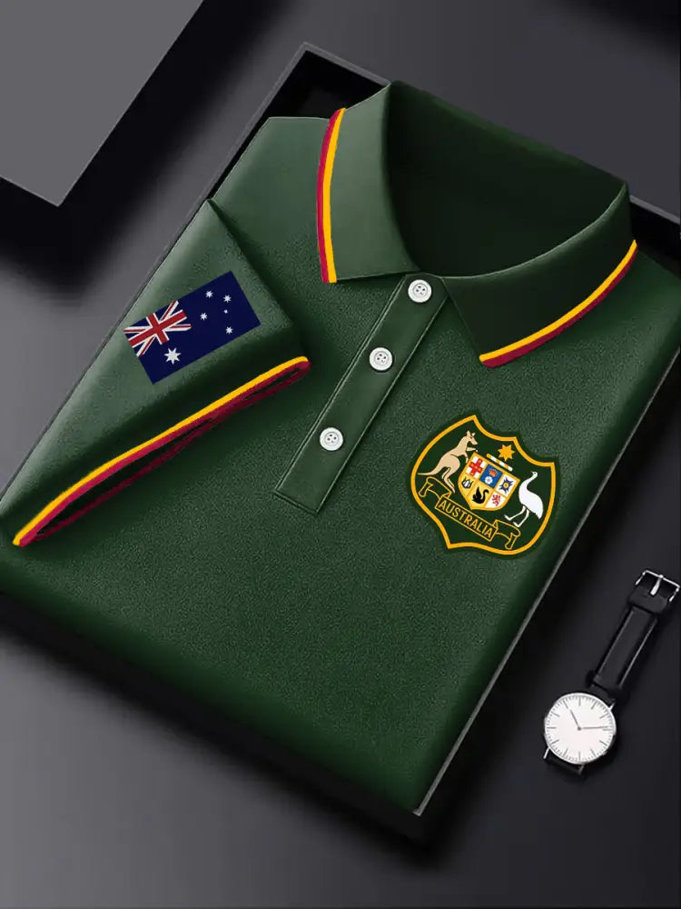 Mens Australian Flag Kangaroo Emblem Printed Casual Business Polo Shirt Colorful / S