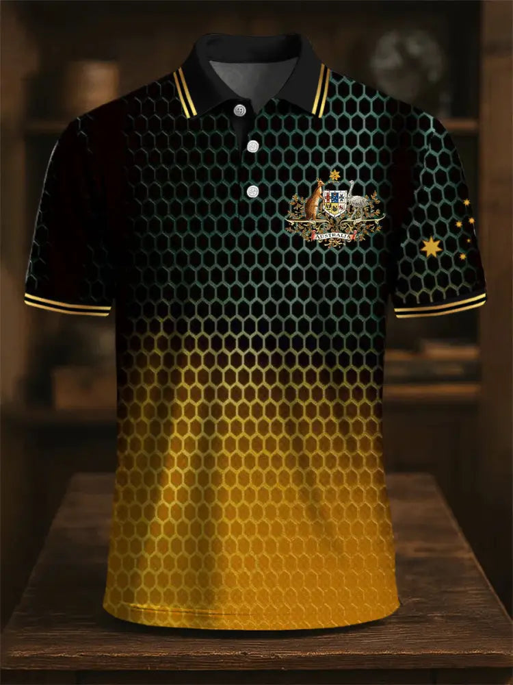 Men’s Australian Kangaroo Emblem Geometric Gradient Print Casual Business Polo Shirt Colorful / S