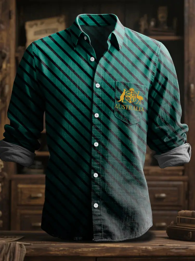 Men’s Australian Kangaroo Stripe Printed Casual Business Cotton Linen Long Sleeve Shirt Colorful / S