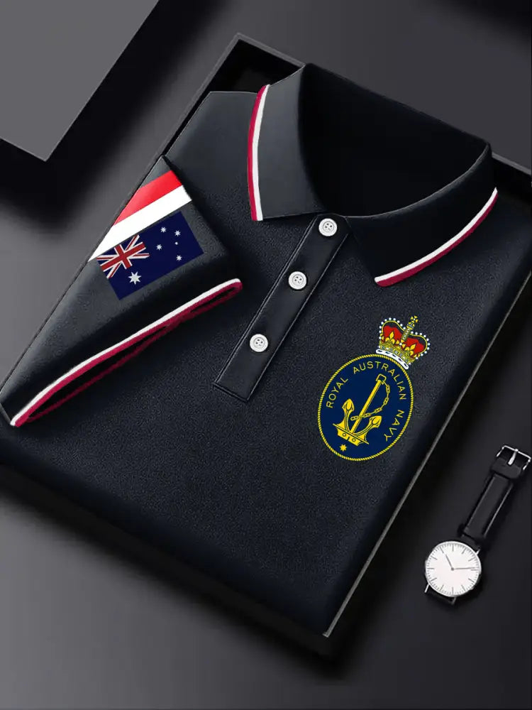 Men’s Australian Navy Flag Emblem Stripe Printed Casual Business Polo Shirt Colorful / S