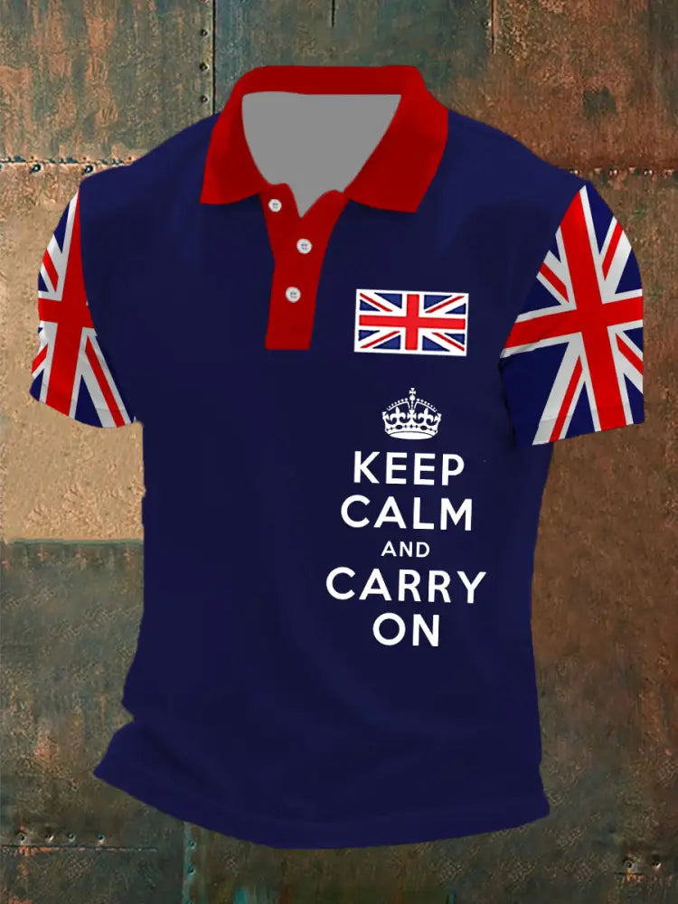 Men’s Keep Calm and Carry On UK Flag Printed Casual POLO T-shirt Navy Blue / S