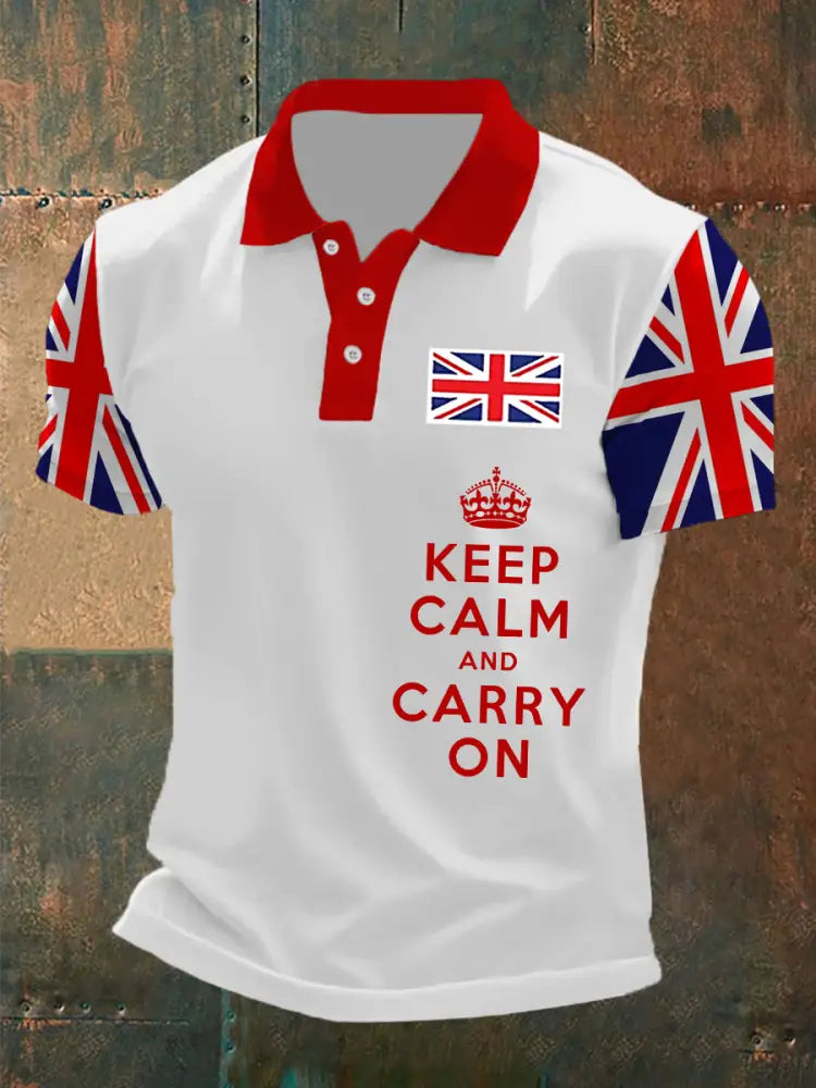 Men’s Keep Calm and Carry On UK Flag Printed Casual POLO T-shirt White / S