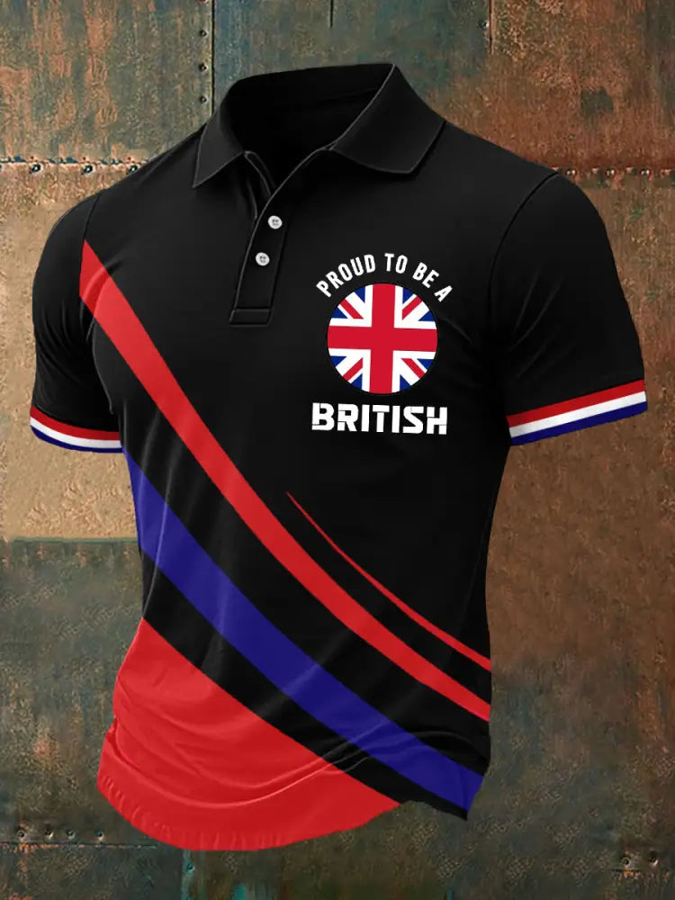 Men’s Proud To Be A British UK Flag Print Casual Polo Black / S