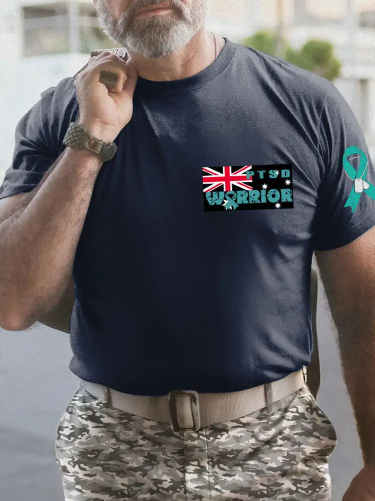 Men’s PTSD Awareness Veteran Printed T-shirt Navy Blue / S