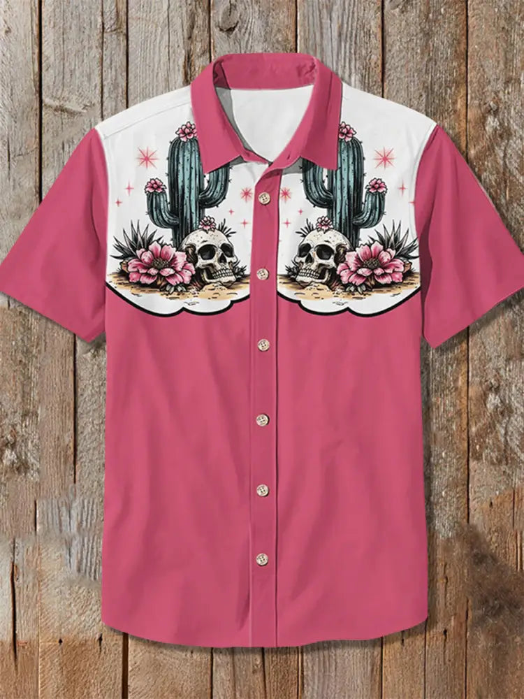 Men’s Retro Western Skull Print Shirt Pink / S