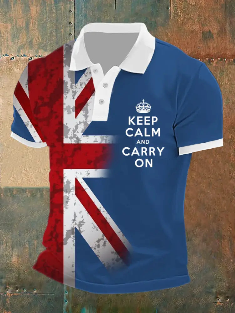 Men’s UK Flag Keep Calm And Carry On Printed Casual POLO T-shirt Blue / S