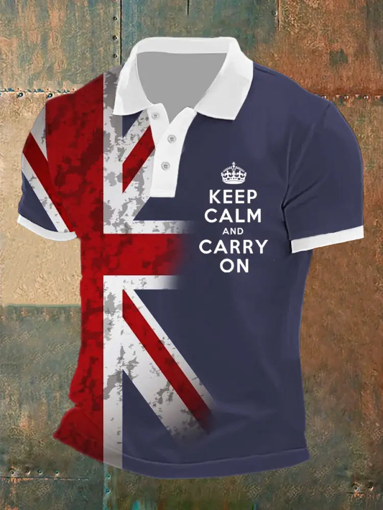Men’s UK Flag Keep Calm And Carry On Printed Casual POLO T-shirt Navy Blue / S
