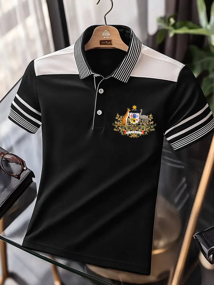 Men’s Vintage Australia Flag Coat of Arms Kangaroo Emu Printed Casual Cotton Short Sleeve Polo Shirt Black / S