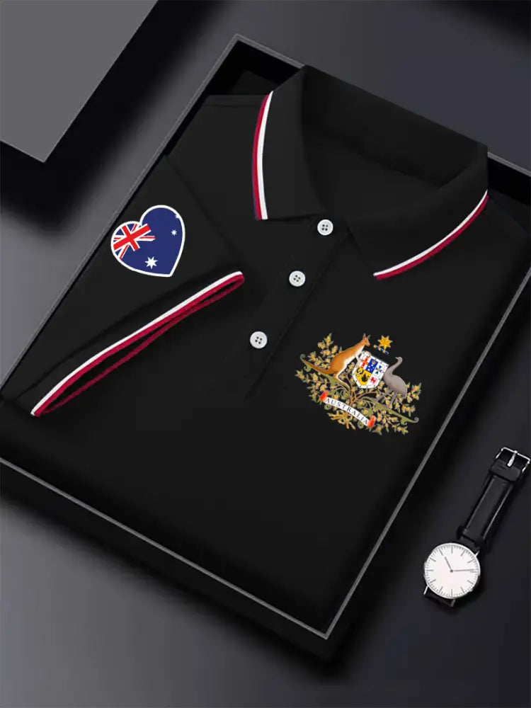 Men’s Vintage Australia Flag Coat of Arms Kangaroo Emu Printed Casual Cotton Short Sleeve Polo Shirt Black / S