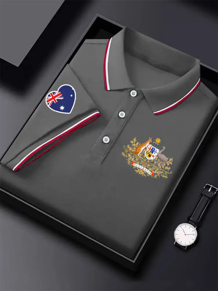 Men’s Vintage Australia Flag Coat of Arms Kangaroo Emu Printed Casual Cotton Short Sleeve Polo Shirt Gray / S