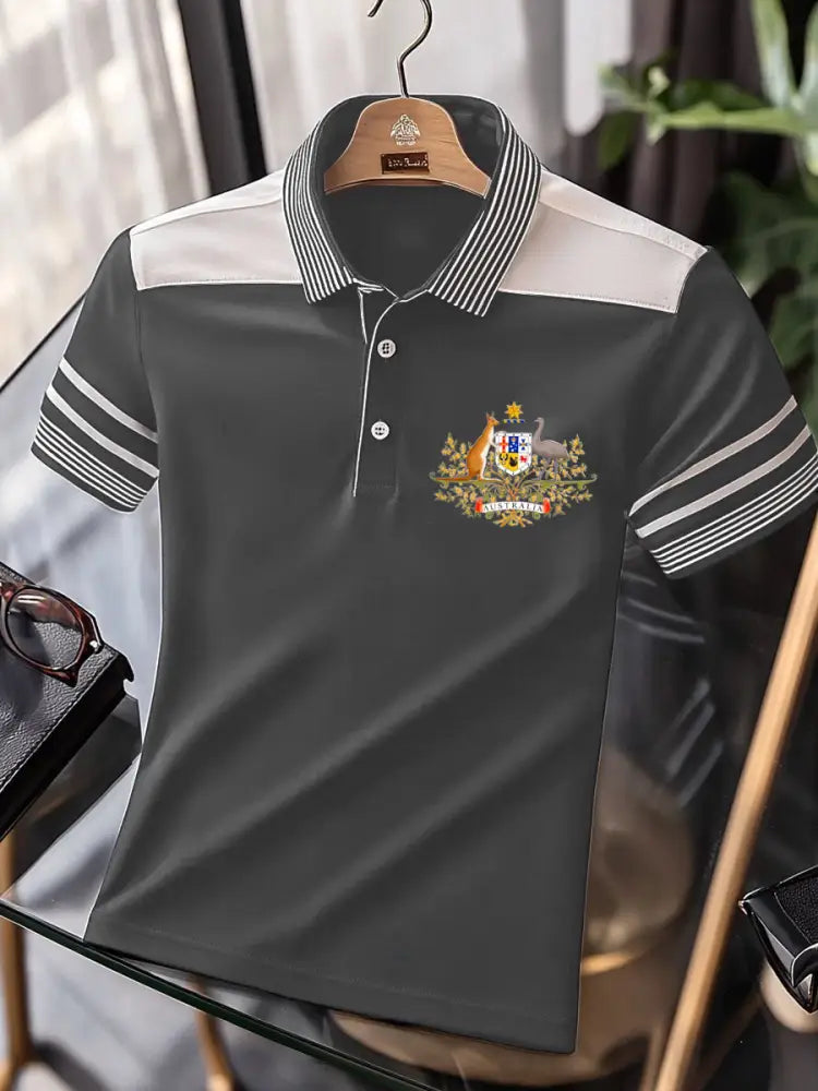Men’s Vintage Australia Flag Coat of Arms Kangaroo Emu Printed Casual Cotton Short Sleeve Polo Shirt Gray / S