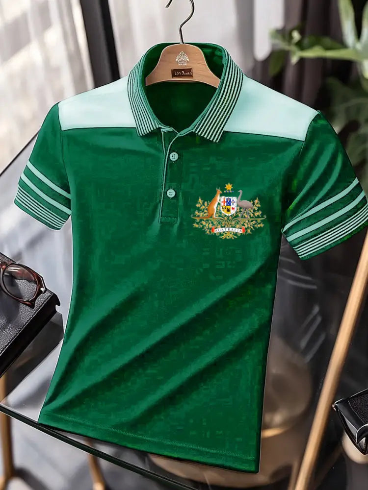 Men’s Vintage Australia Flag Coat of Arms Kangaroo Emu Printed Casual Cotton Short Sleeve Polo Shirt Green / S