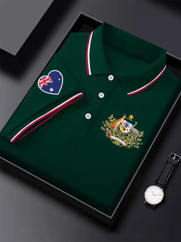 Men’s Vintage Australia Flag Coat of Arms Kangaroo Emu Printed Casual Cotton Short Sleeve Polo Shirt Green / S