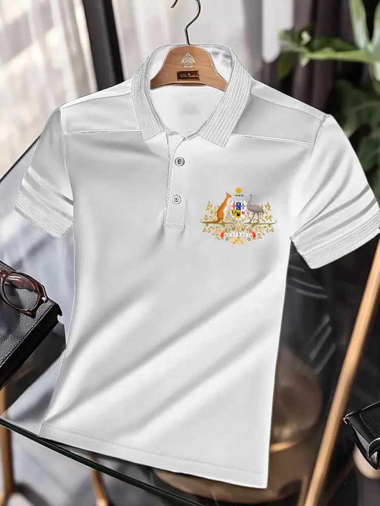 Men’s Vintage Australia Flag Coat of Arms Kangaroo Emu Printed Casual Cotton Short Sleeve Polo Shirt White / S