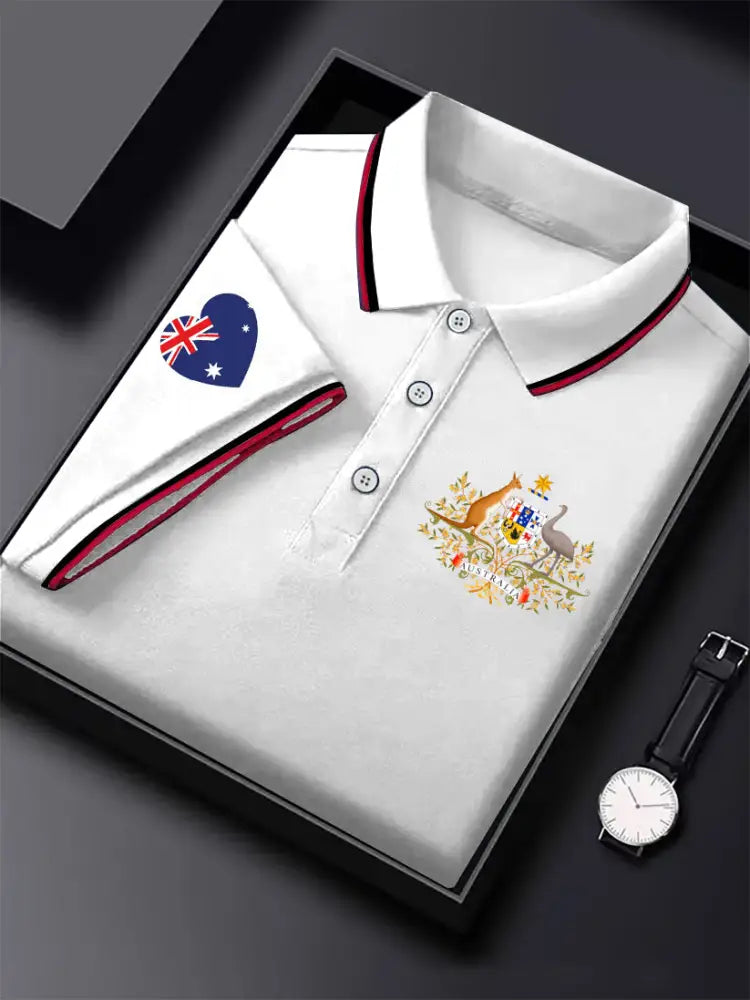 Men’s Vintage Australia Flag Coat of Arms Kangaroo Emu Printed Casual Cotton Short Sleeve Polo Shirt White / S