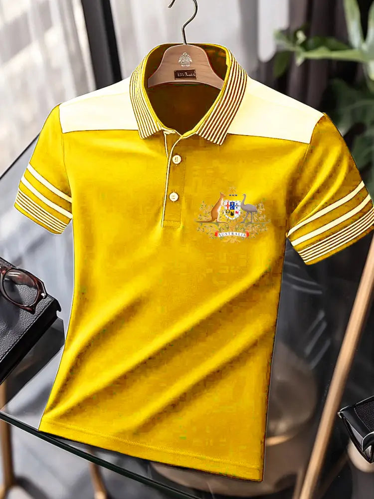 Men’s Vintage Australia Flag Coat of Arms Kangaroo Emu Printed Casual Cotton Short Sleeve Polo Shirt Yellow / S