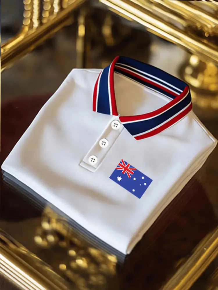 Men’s Vintage Australia Flag Printed Casual Cotton Short Sleeve Polo Shirt White / S