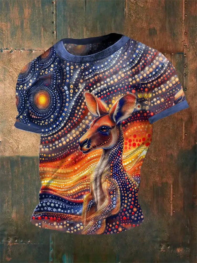 Men’s Vintage Australian Dot Painting Kangaroo Colourful Sunrise Abstract Print Casual Cotton Short Sleeve T-Shirt As