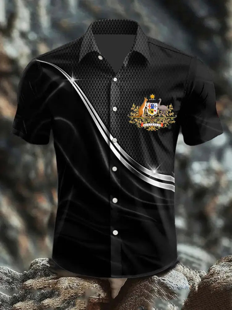 Men’s Vintage Australian Flag Badge Lines Abstract Print Casual Cotton Short Sleeve Shirt Black / S