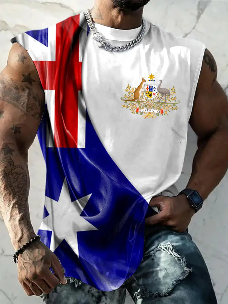 Men’s Vintage Australian Flag Badge Print Comfortable Casual Cotton Tank Top Dark Blue / S