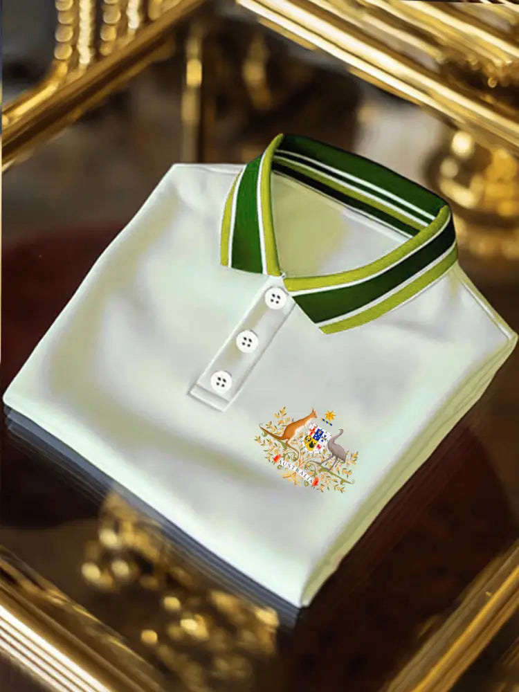 Men’s Vintage Australian Flag Badge Printed Casual Cotton Short Sleeve Polo Shirt White / S