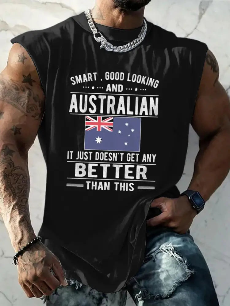 Men’s Vintage Australian Flag Badge Slogan Print Comfortable Casual Cotton Tank Top Black / S