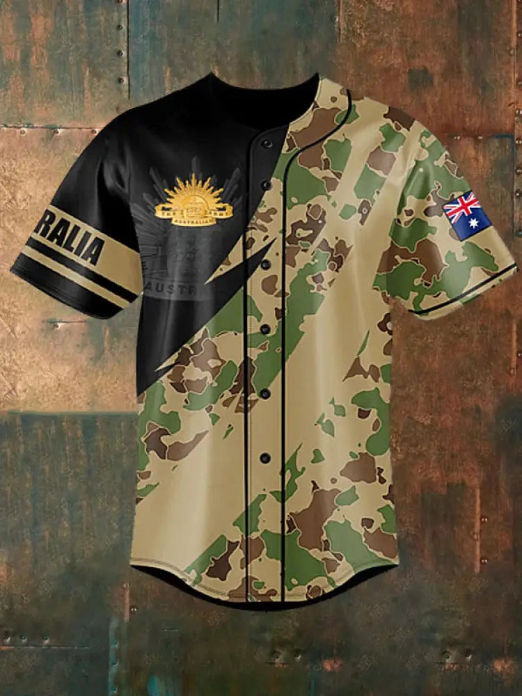 Men’s Vintage Australian Flag Camouflage Patchwork Print Casual Cotton Short Sleeve Shirt Baseball Jersey Green / S