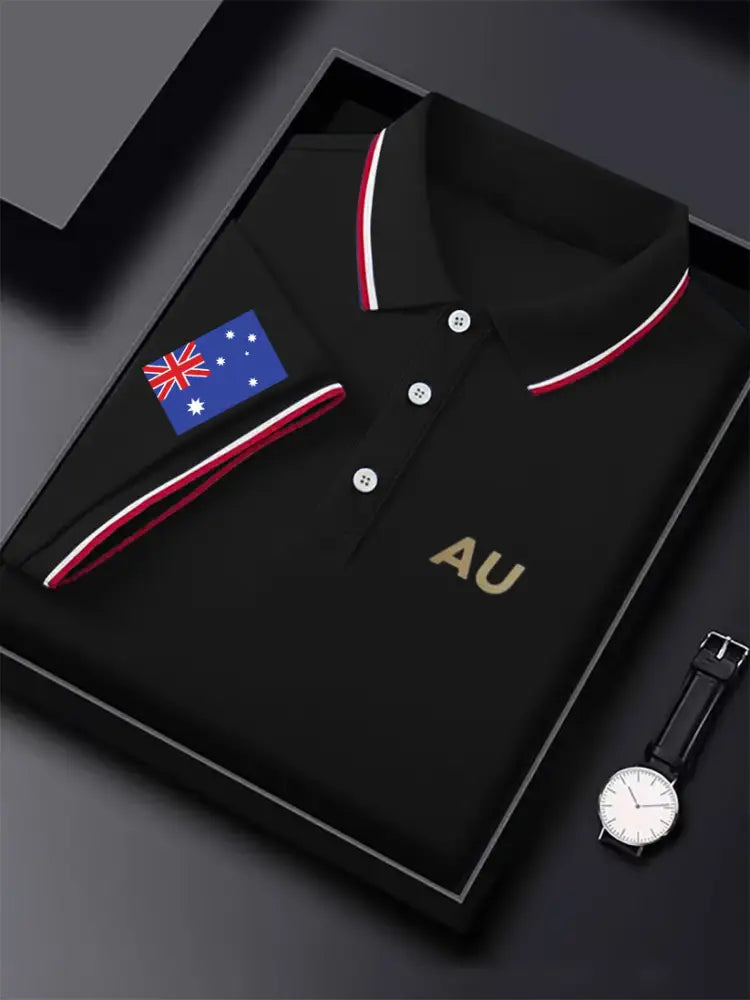 Men’s Vintage Australian Flag Coat of Arms AU Printed Casual Cotton Short Sleeve Polo Shirt Black / S
