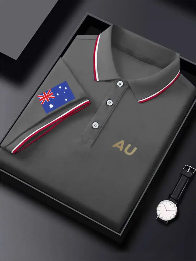 Men’s Vintage Australian Flag Coat of Arms AU Printed Casual Cotton Short Sleeve Polo Shirt Gray / S