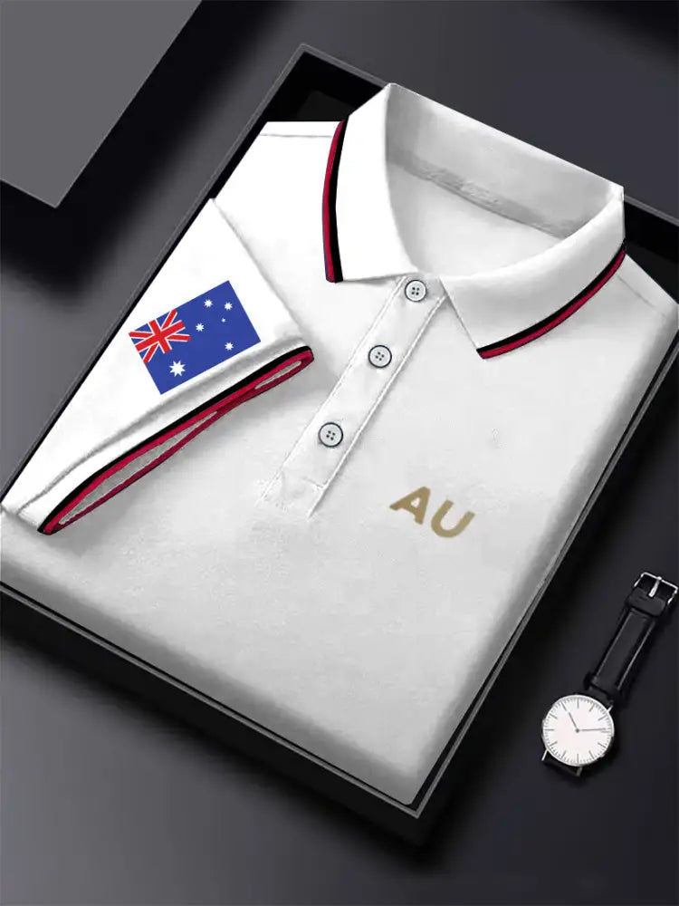 Men’s Vintage Australian Flag Coat of Arms AU Printed Casual Cotton Short Sleeve Polo Shirt White / S
