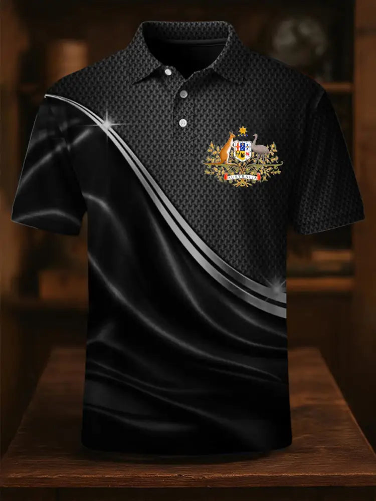 Men’s Vintage Australian Flag Coat of Arms Lines Printed Casual Cotton Short Sleeve Polo Shirt Black / S