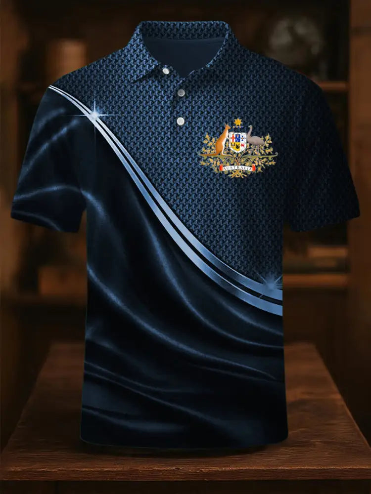Men’s Vintage Australian Flag Coat of Arms Lines Printed Casual Cotton Short Sleeve Polo Shirt Blue / S