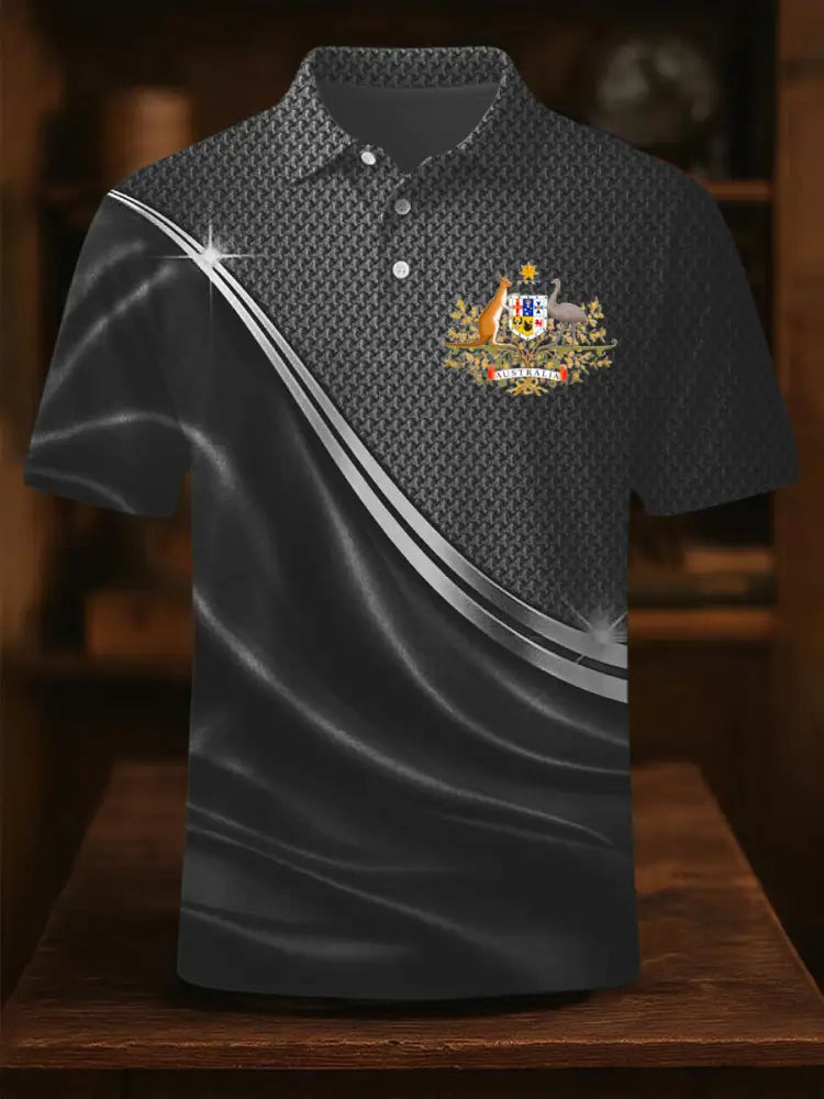 Men’s Vintage Australian Flag Coat of Arms Lines Printed Casual Cotton Short Sleeve Polo Shirt Gray / S