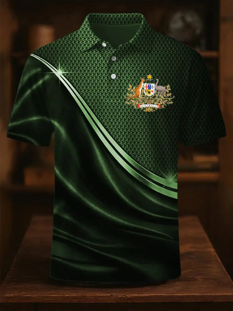 Men’s Vintage Australian Flag Coat of Arms Lines Printed Casual Cotton Short Sleeve Polo Shirt Green / S